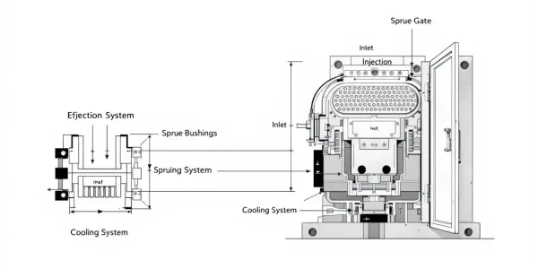 Essential elements of injection mold design with visual representation.