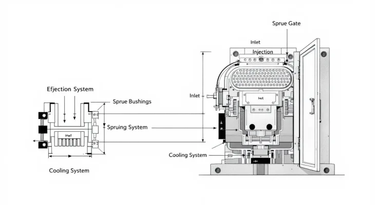 Essential elements of injection mold design with visual representation.