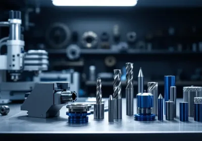 A collection of spare CNC machine parts arranged on a workbench.