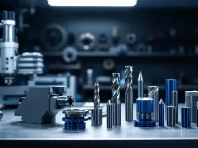 A collection of spare CNC machine parts arranged on a workbench.