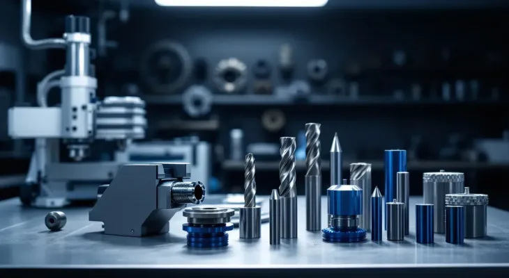 A collection of spare CNC machine parts arranged on a workbench.