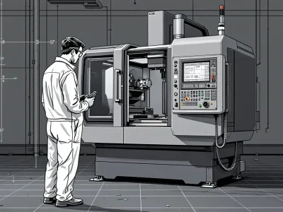 A technician performing maintenance on a 2 axis CNC machine.