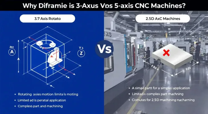 Visual representation comparing the differences between 3 axis CNC and 5 axis CNC machines.