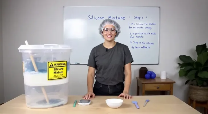 Mixing silicone for molds showing a person pouring silicone into a bowl.