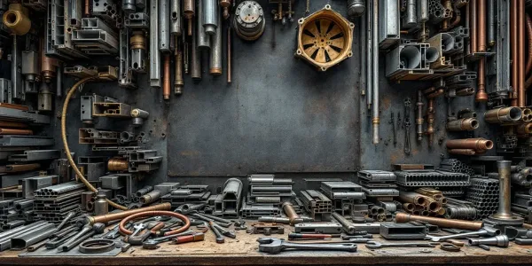 A variety of metal fabrication parts displayed on a workbench.
