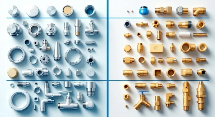 A side-by-side comparison of stainless steel and brass fittings.