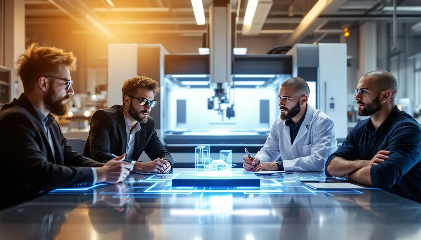 A team of engineers discussing CNC prototyping strategies.