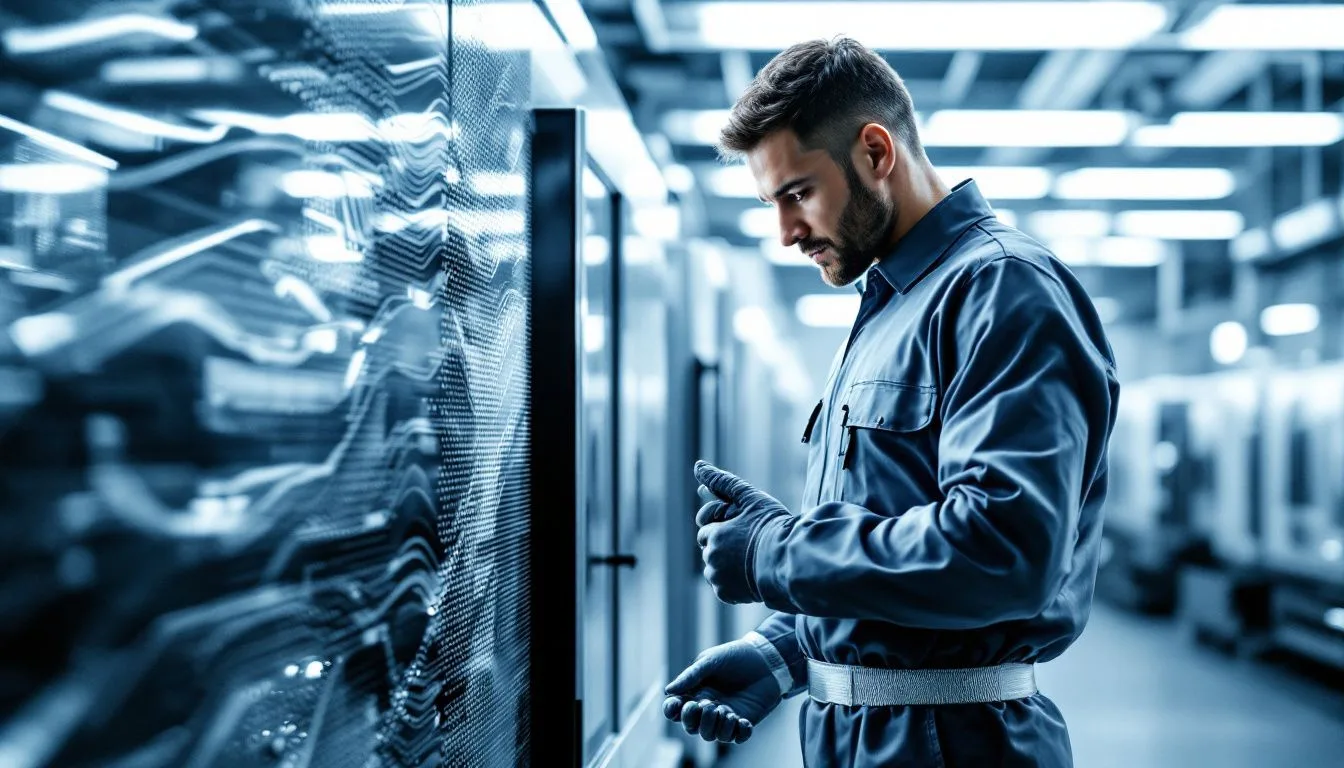 Technician inspecting CNC machine parts during maintenance.