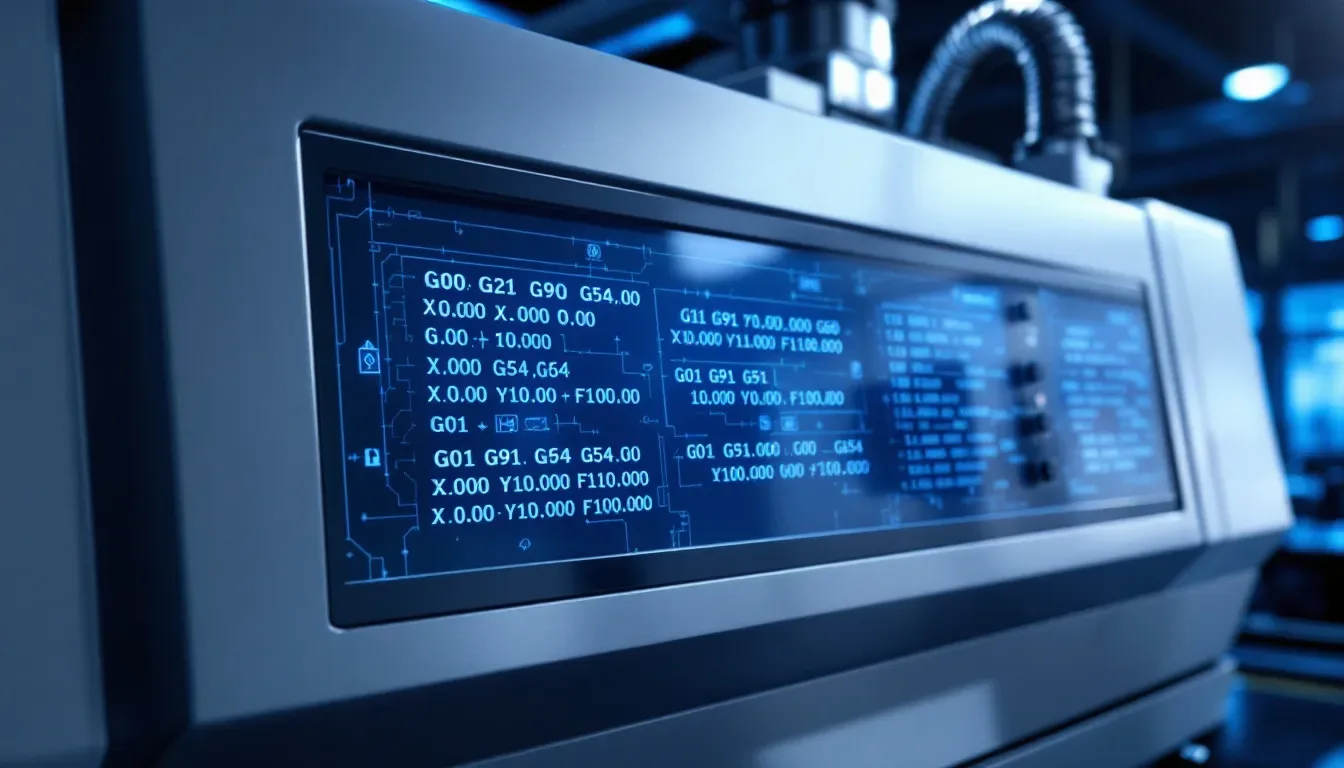 Key G Code commands displayed on a CNC machine interface.