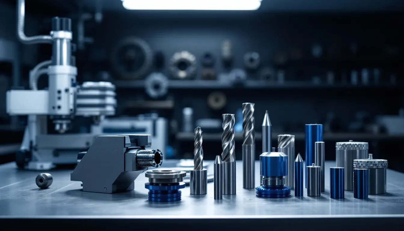 A collection of spare CNC machine parts arranged on a workbench.