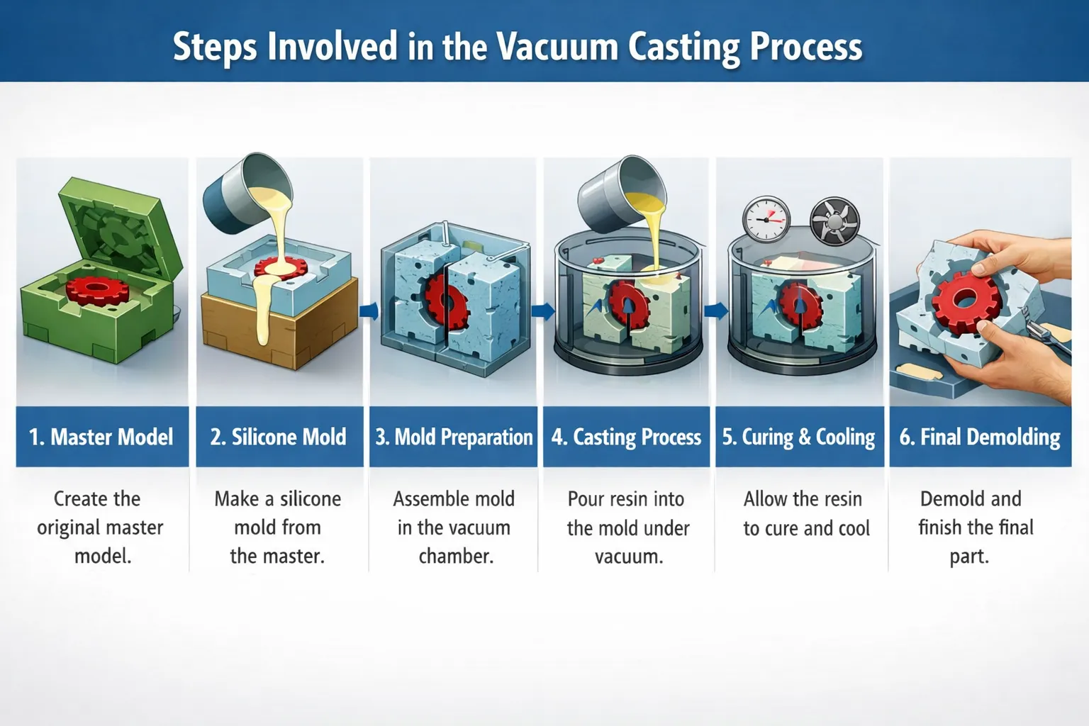 The steps involved in the vacuum casting process.