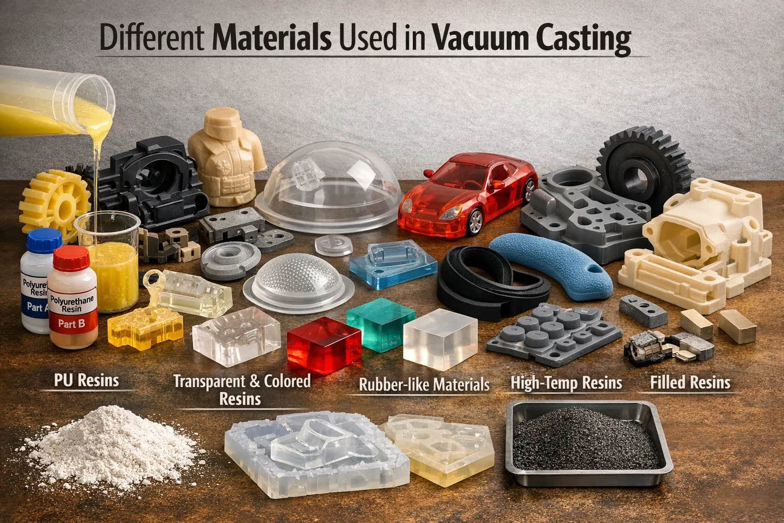 Different materials used in vacuum casting, including resins.