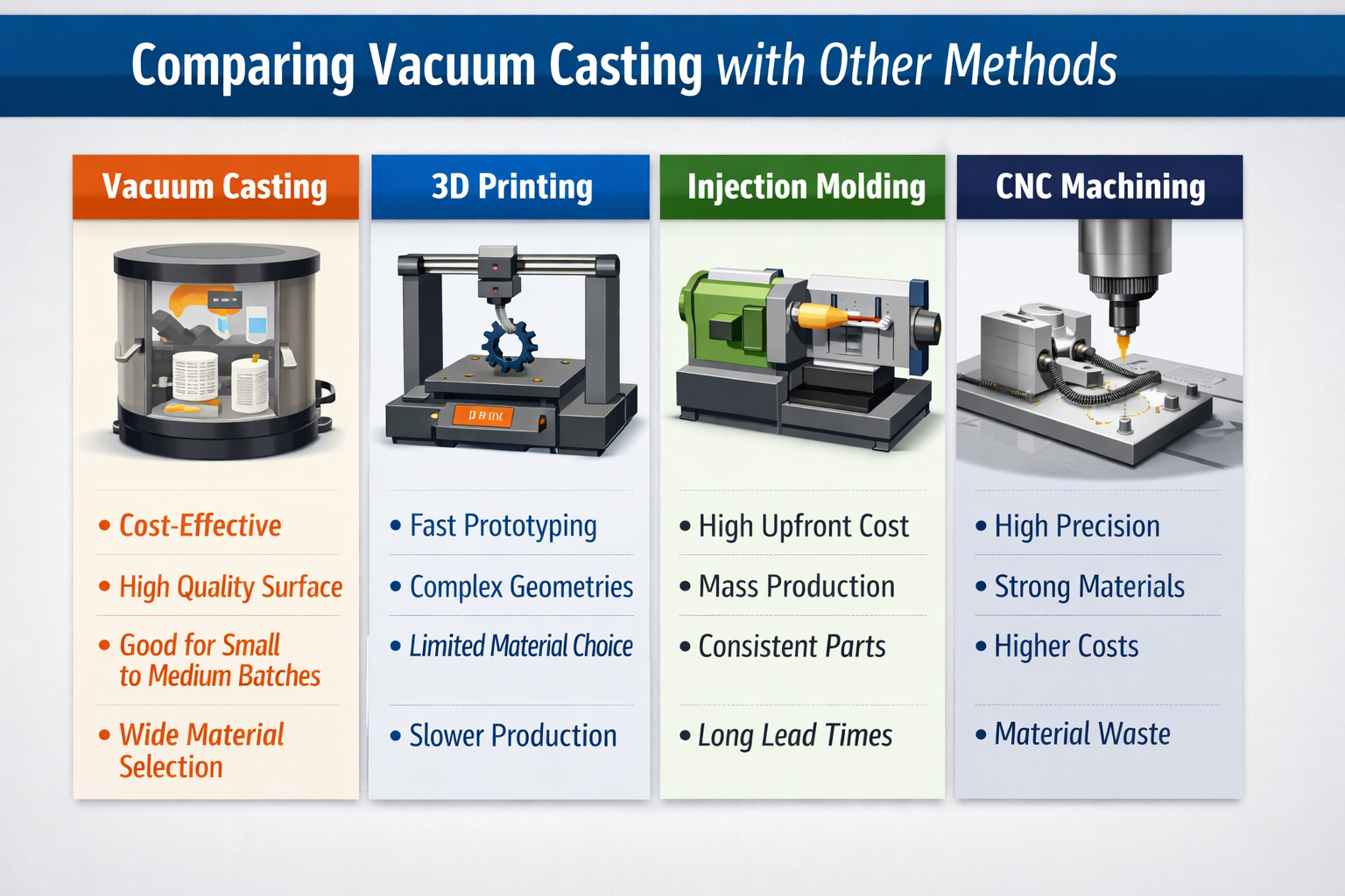 Comparison of vacuum casting with other manufacturing methods.