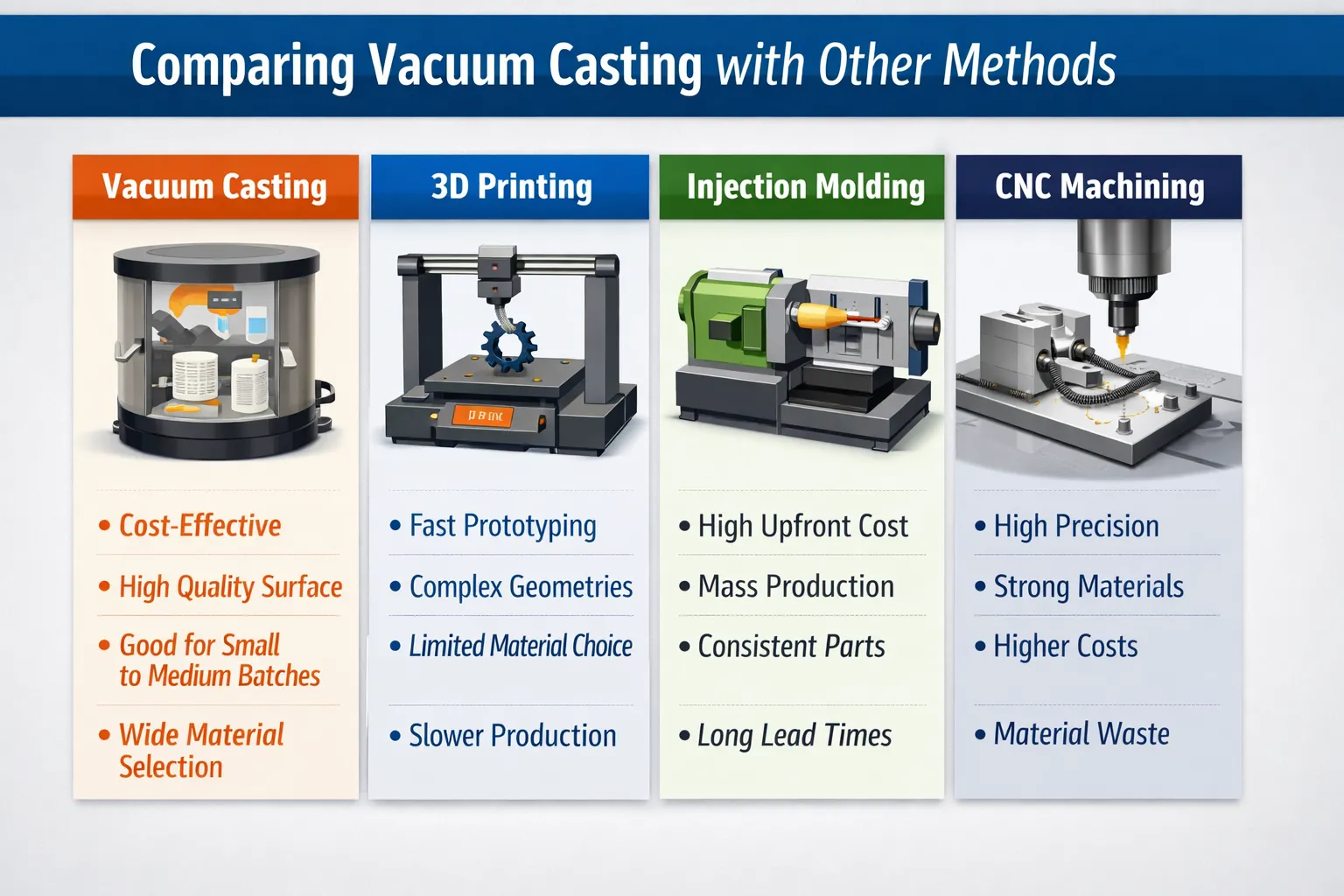 Comparison of vacuum casting with other manufacturing methods.
