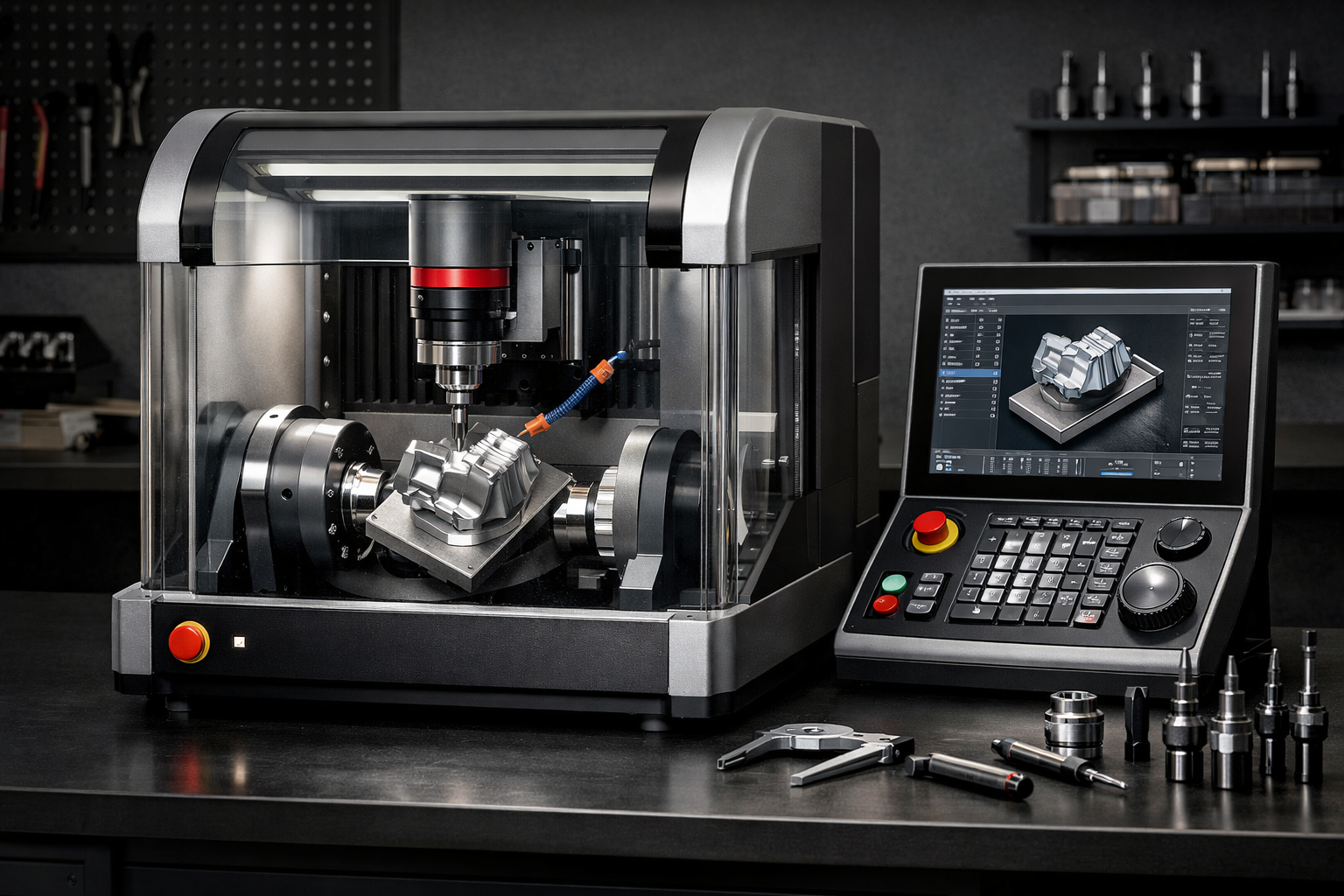 A modern 5 axis desktop CNC machine in a workshop setting.