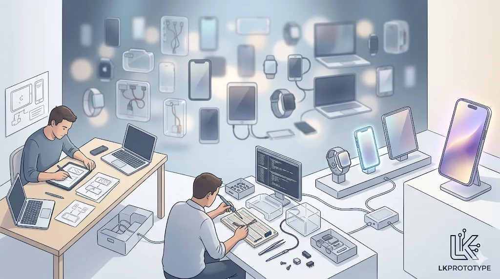 An illustration of Apple's innovation process through prototyping, with blurred prototypes in the background.