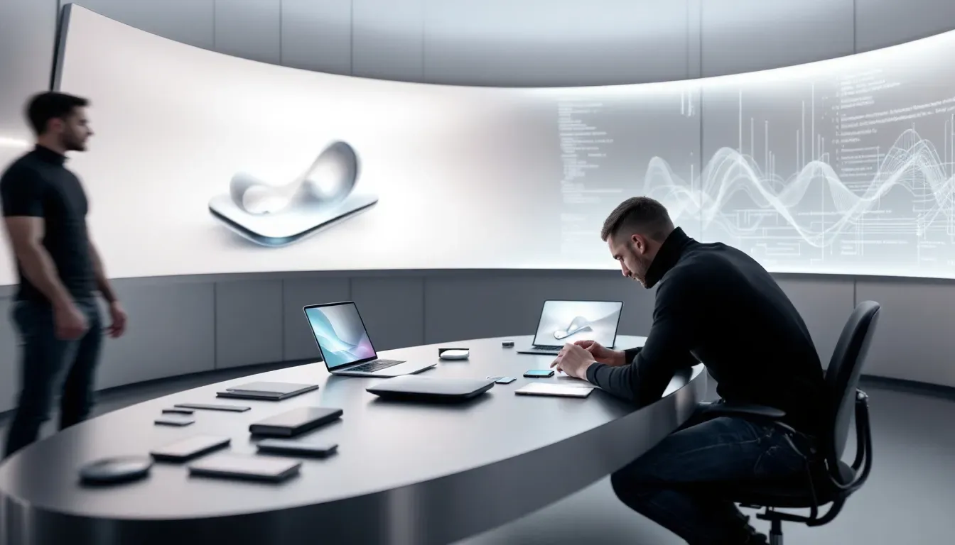 An artistic representation of the prototype creation process at Apple, with blurred figures and devices.