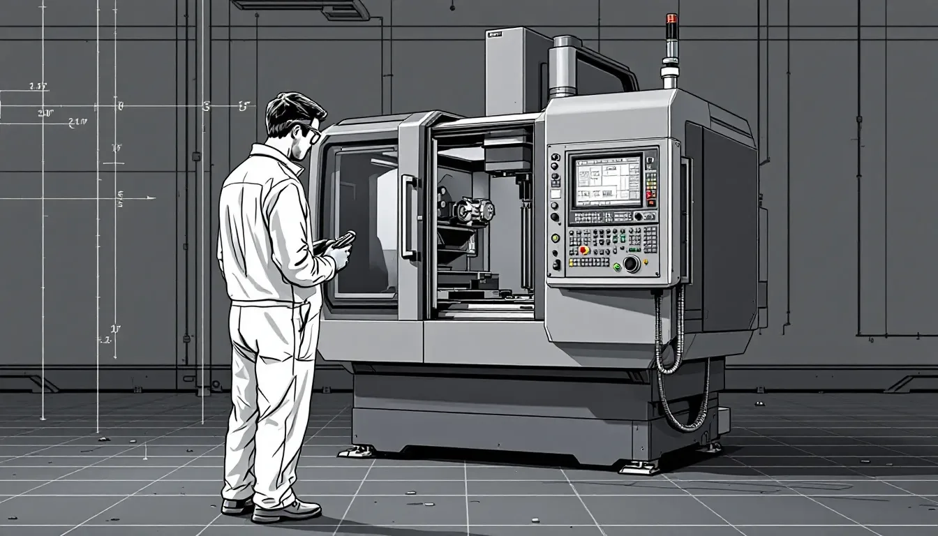 A technician performing maintenance on a 2 axis CNC machine.