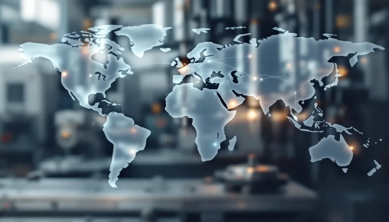 Comparing CNC machining costs by region with a world map and blurred CNC machines.