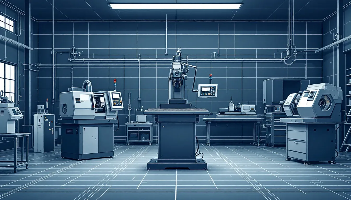 Different types of 2 axis CNC machines displayed in a workshop.