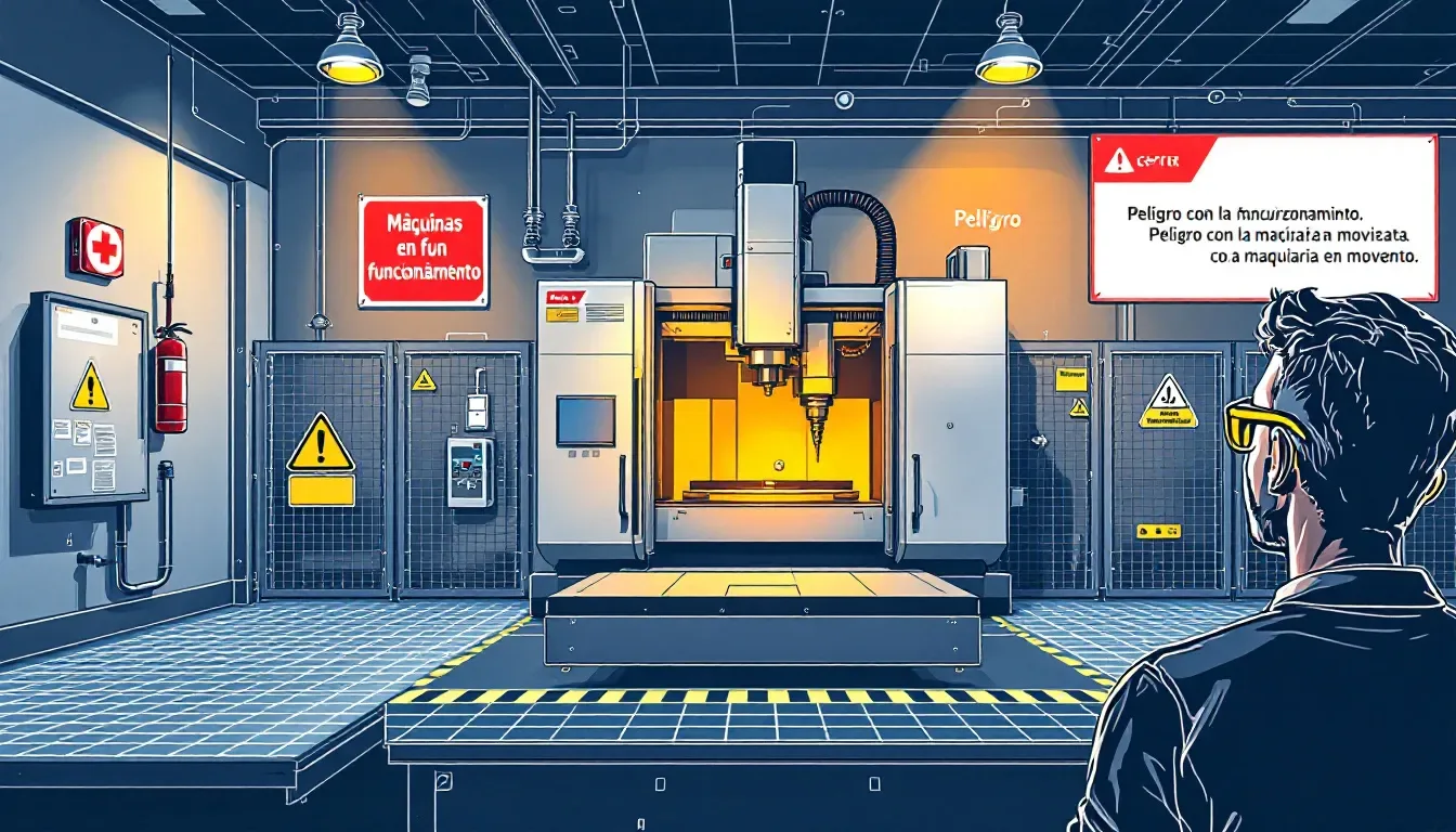 Safety precautions displayed in a CNC machining environment.