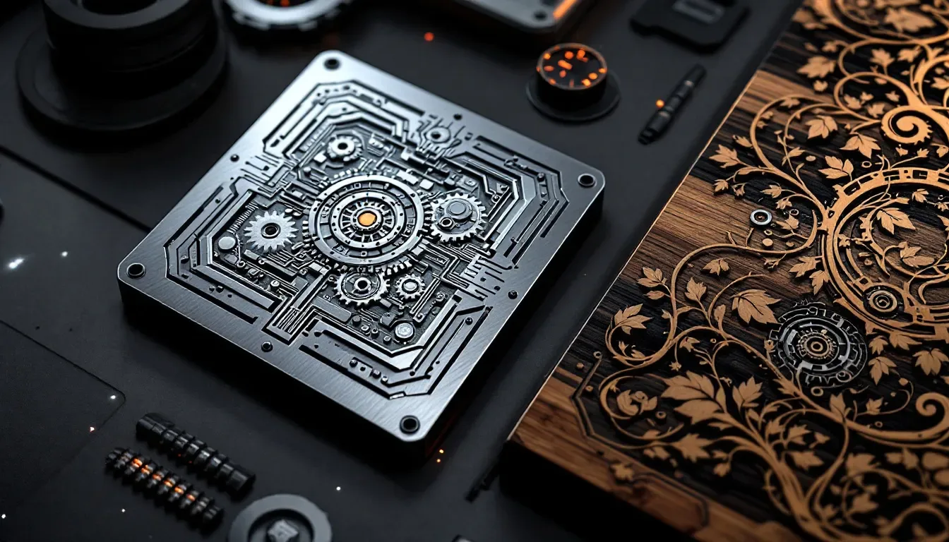 Intricate custom engravings on wood and metal surfaces.