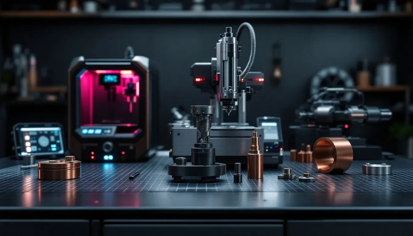 Various tools and equipment used by CNC machinists displayed on a workbench.