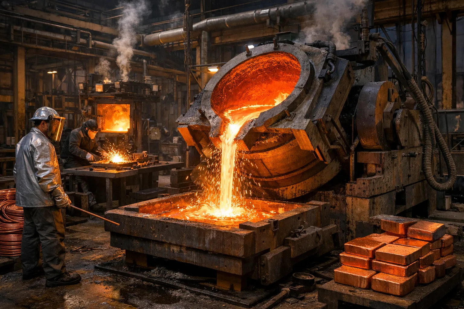 An industrial setting where copper melting is essential for fabrication and welding.