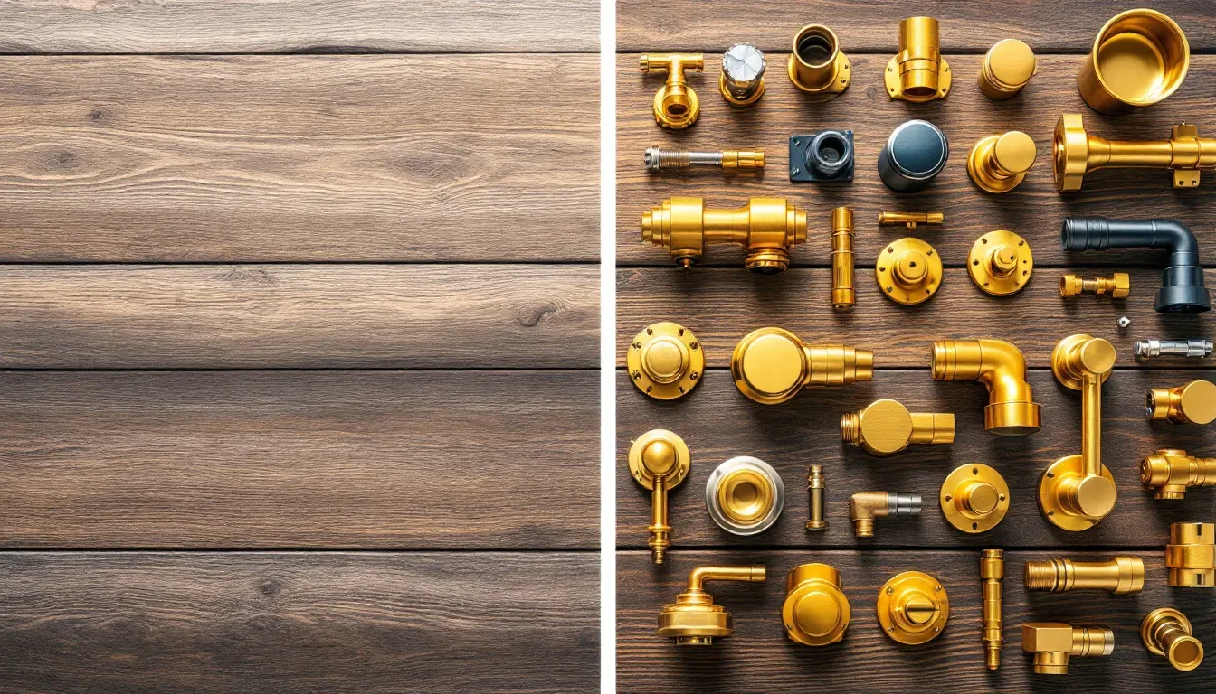 An assortment of brass fittings displayed on a wooden surface.