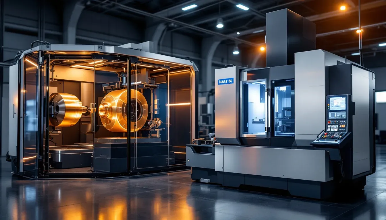 An array of various CNC machines, including milling machines and lathes, used for precision machining.