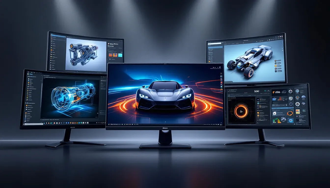A selection of popular CAD software interfaces displayed on multiple monitors, showcasing their features.