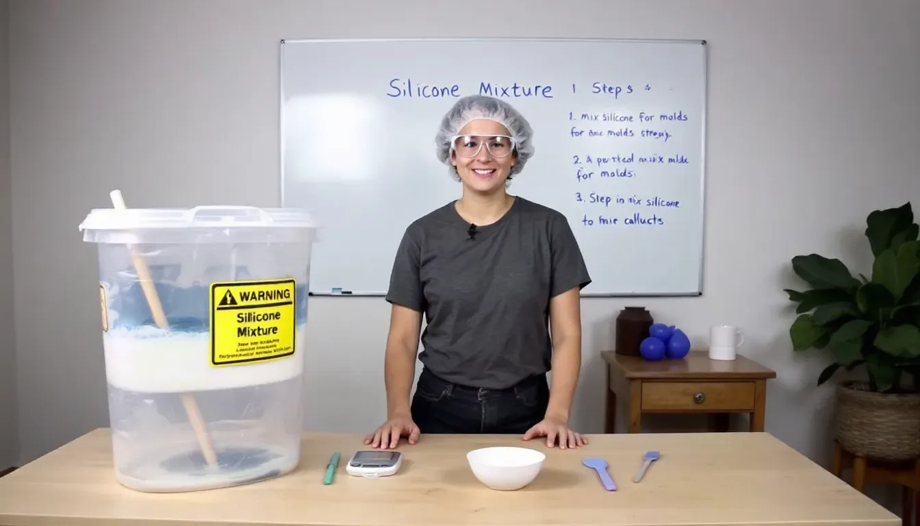 Mixing silicone for molds showing a person pouring silicone into a bowl.