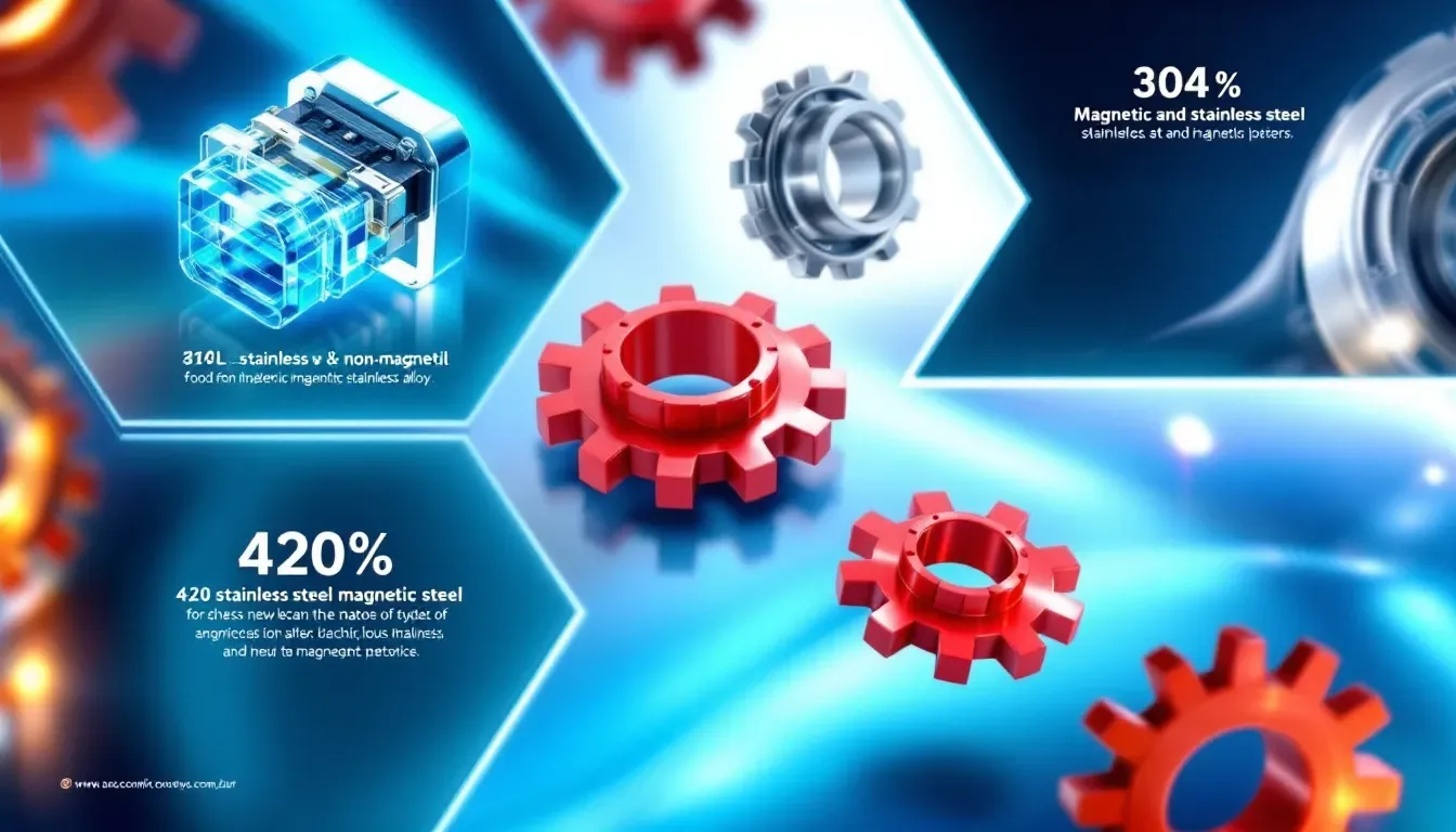 A collage of different applications of magnetic and non-magnetic stainless steels in various industries.