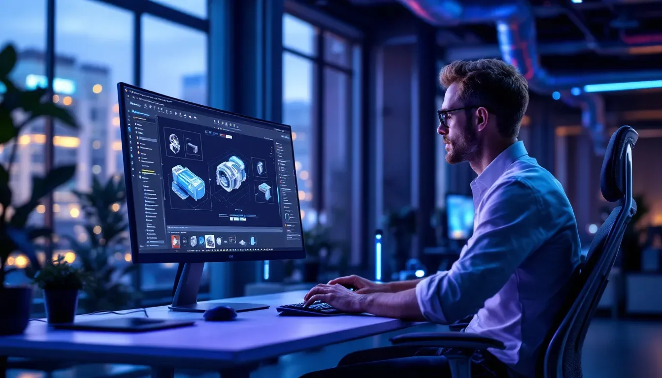 An engineer working on a computer with CAD software, preparing files for CNC machining.