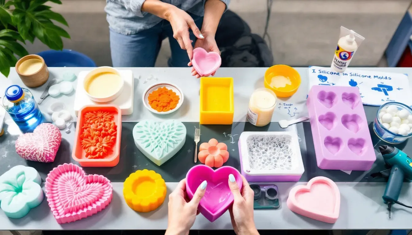 A variety of silicone molds displayed on a table.