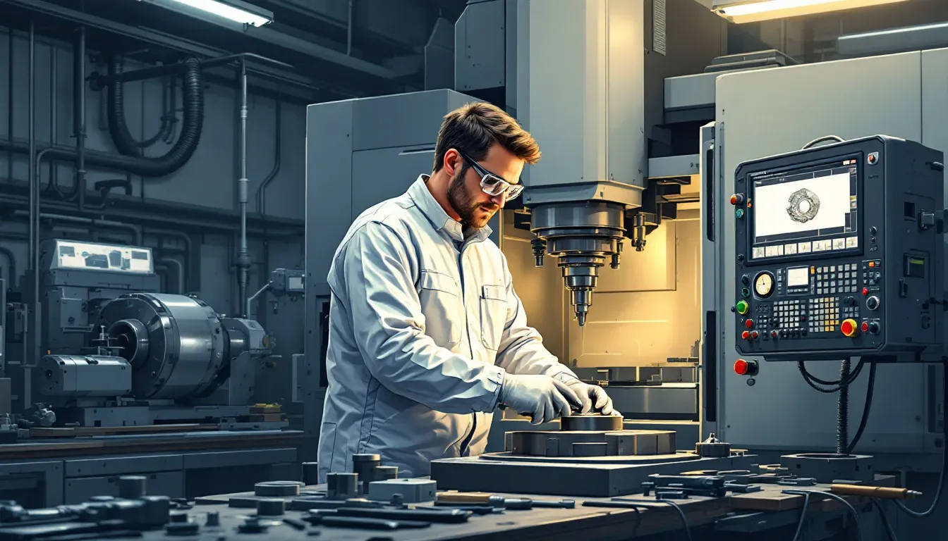 A CNC machinist performing daily tasks in a machining workshop.