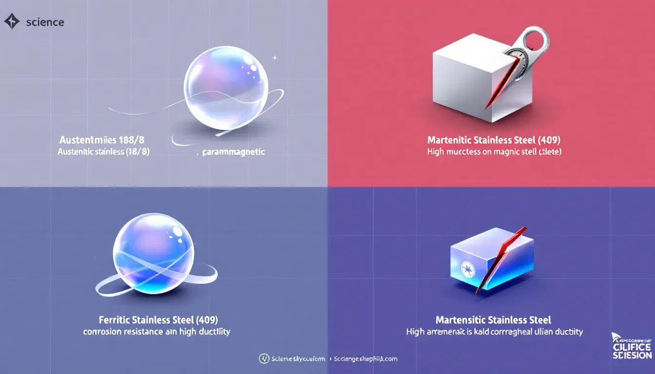 Different types of stainless steel displayed with their magnetic properties, including austenitic, ferritic, and martensitic types.