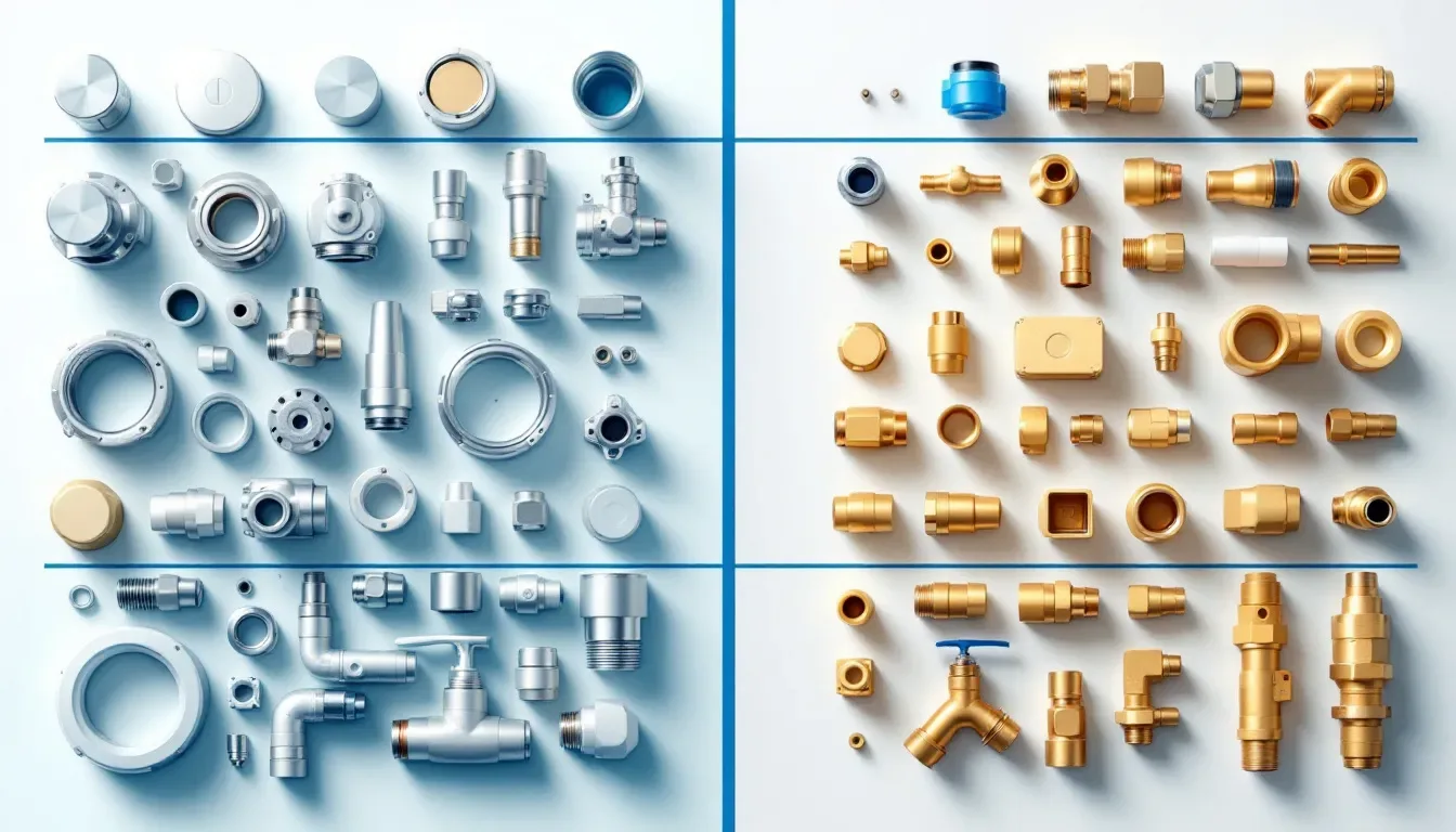 A side-by-side comparison of stainless steel and brass fittings.