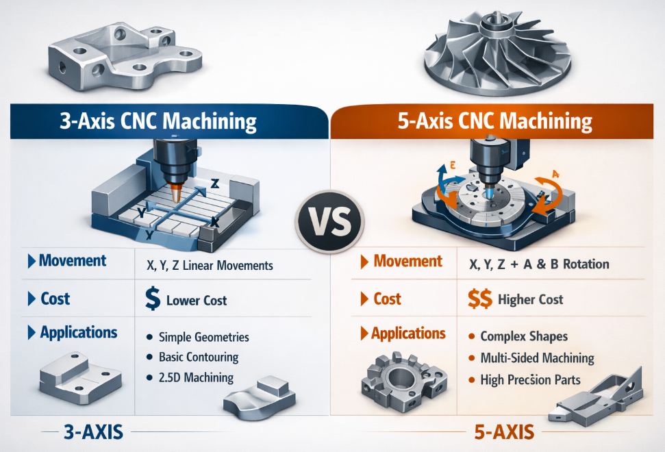 3 Axis vs 5 Axis CNC Machining for Complex Parts: Differences, Cost & Applications