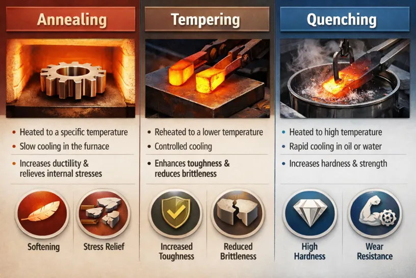 Main Heat Treatment Processes for CNC Machined Metals (annealing cnc machined parts, tempering and quenching cnc)