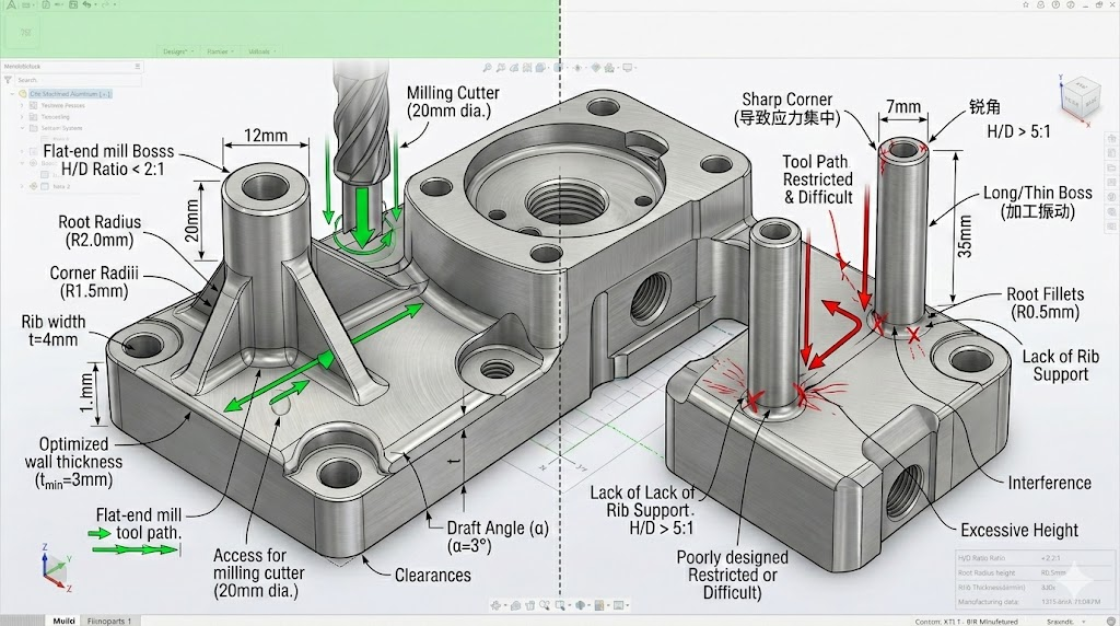 Designing Bosses and Reinforcement Geometry for CNC Machined Parts: Best Practices & DFM Guidelines