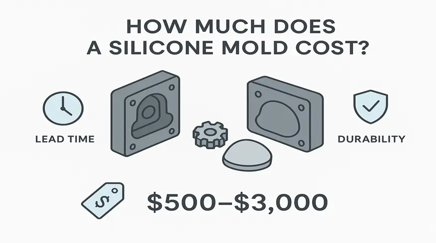 A clean infographic-style header showing silicone molds, urethane cast parts, and cost tags ($$).