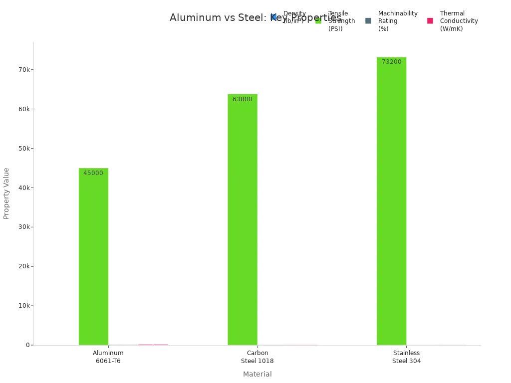 Grouped bar chart comparing density, tensile strength, machinability, and thermal conductivity of aluminum and steel