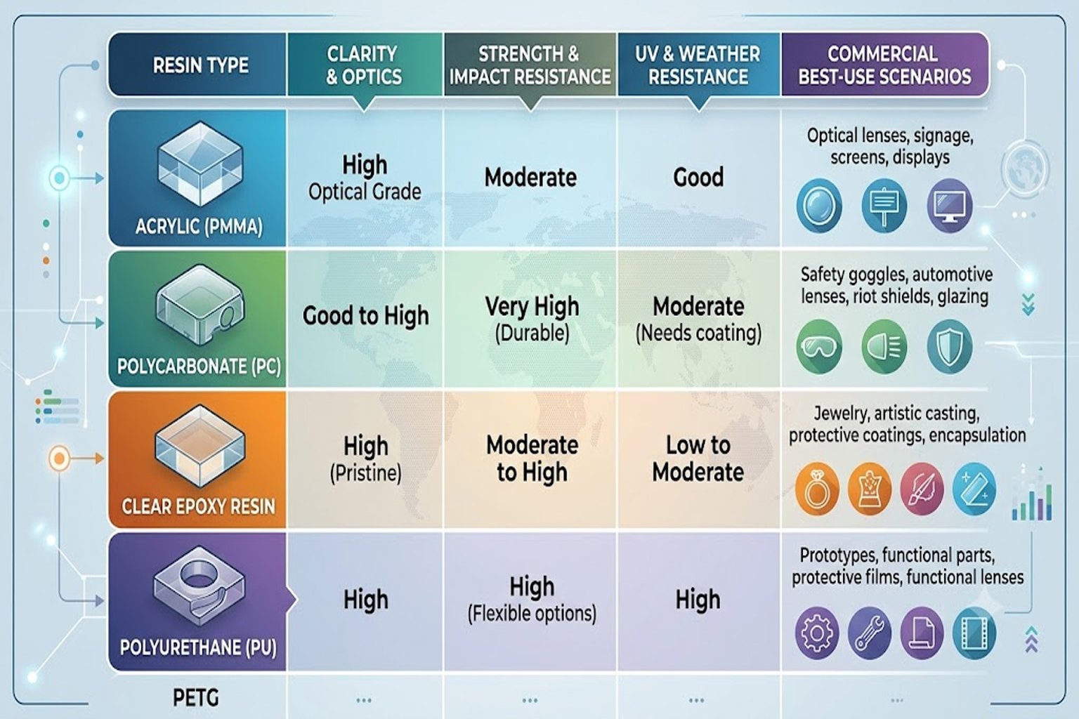 TRANSPARENT RESIN COMPARISON TABLE AND COMMERCIAL BEST-USE SCENARIOS
