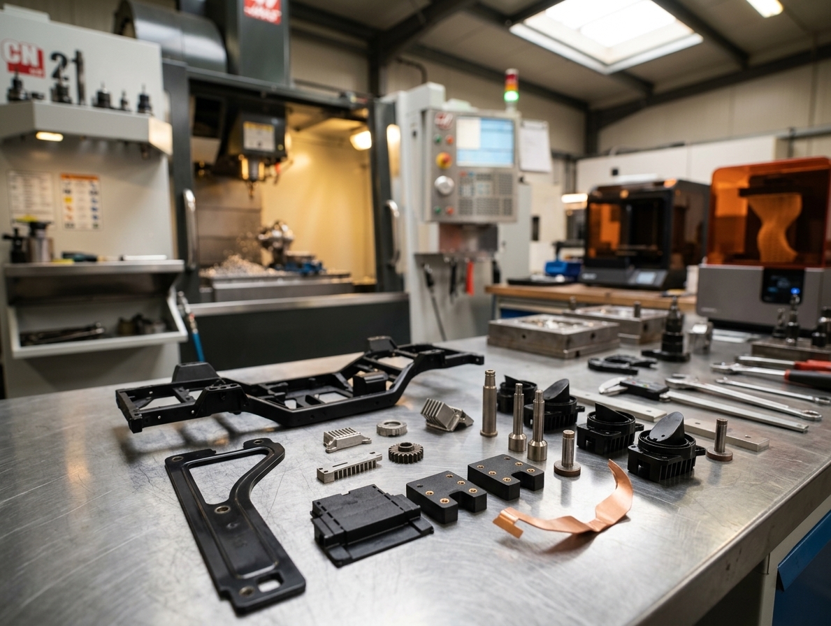 A low-volume polyurethane prototype part produced by vacuum casting, shown at a workbench in LKprototype's machining workshop