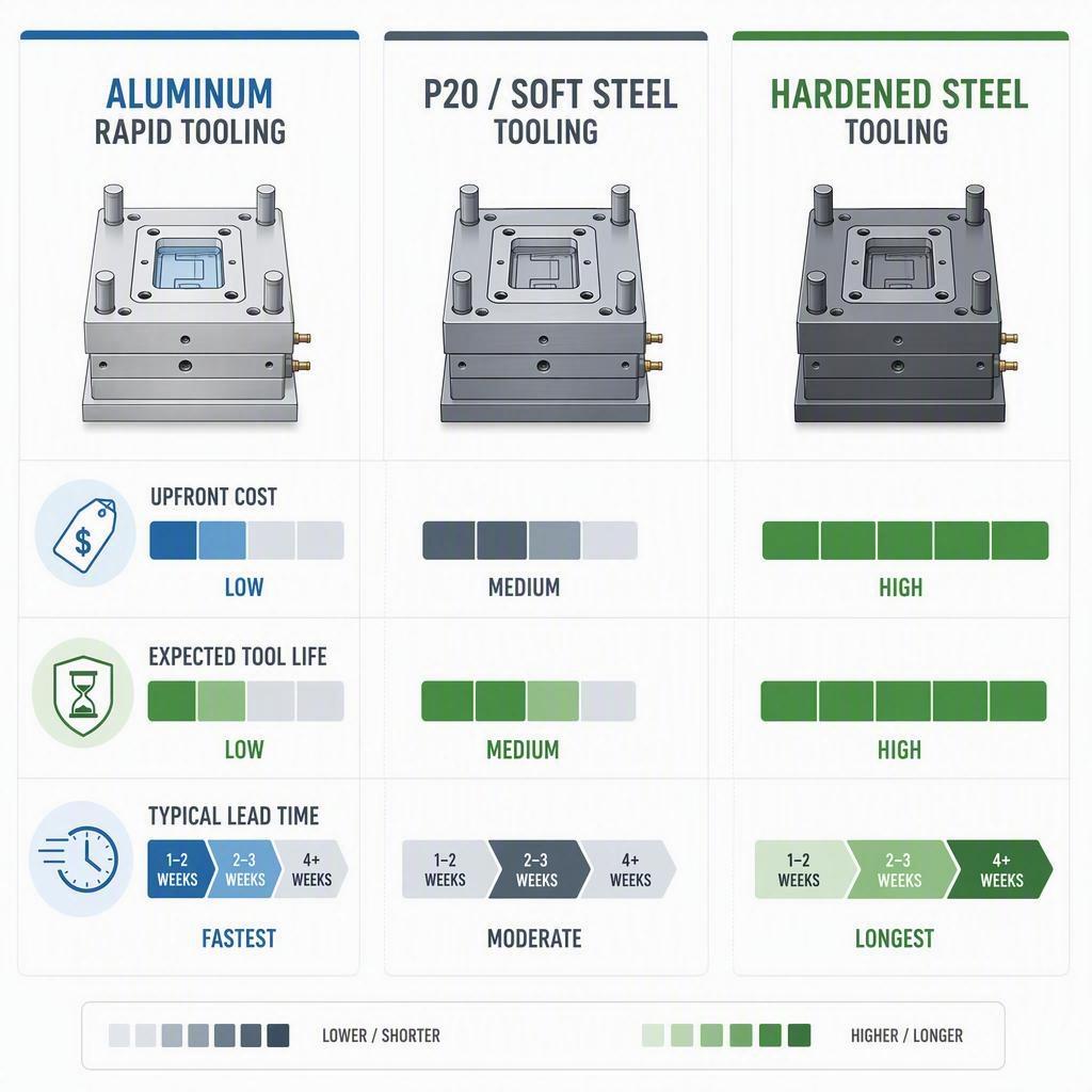 Infographic comparison of aluminum, P20/soft steel, and hardened steel rapid tooling showing relative upfront cost, expected tool life, and typical lead-time bands