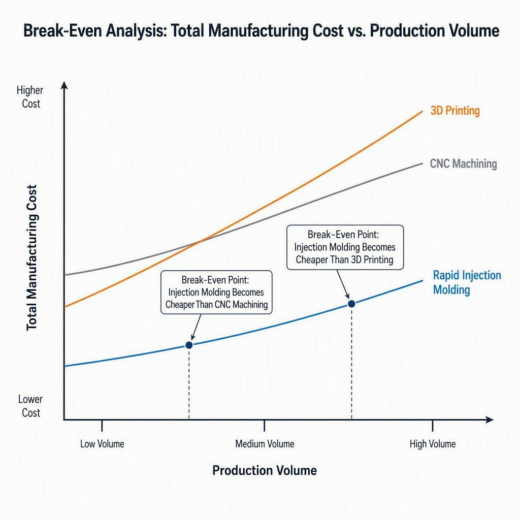 Break-even line chart comparing rapid injection molding with CNC machining and 3D printing across low, medium, and high production volume, showing fixed tooling cost, variable per-part cost, and crossover points