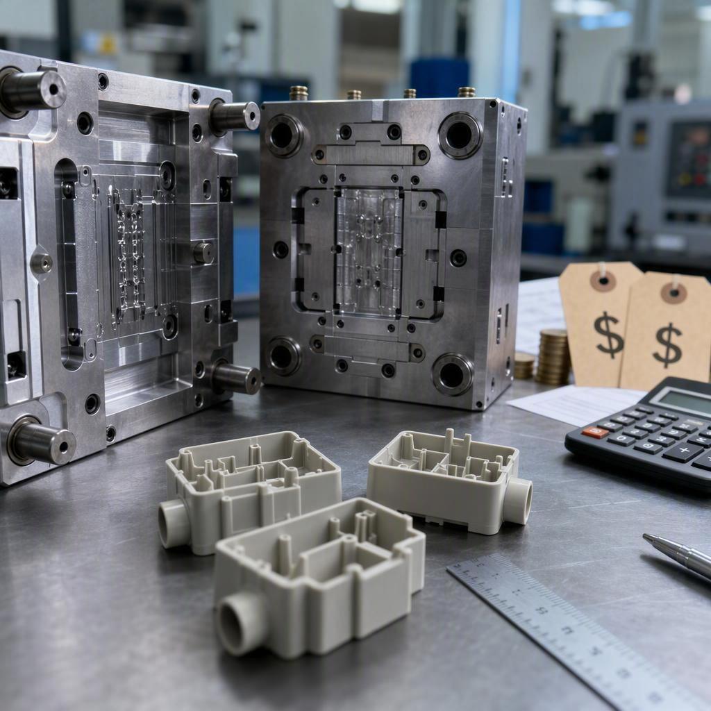 Close-up of a rapid injection molding tool with molded plastic parts and cost-analysis elements, representing rapid injection molding cost