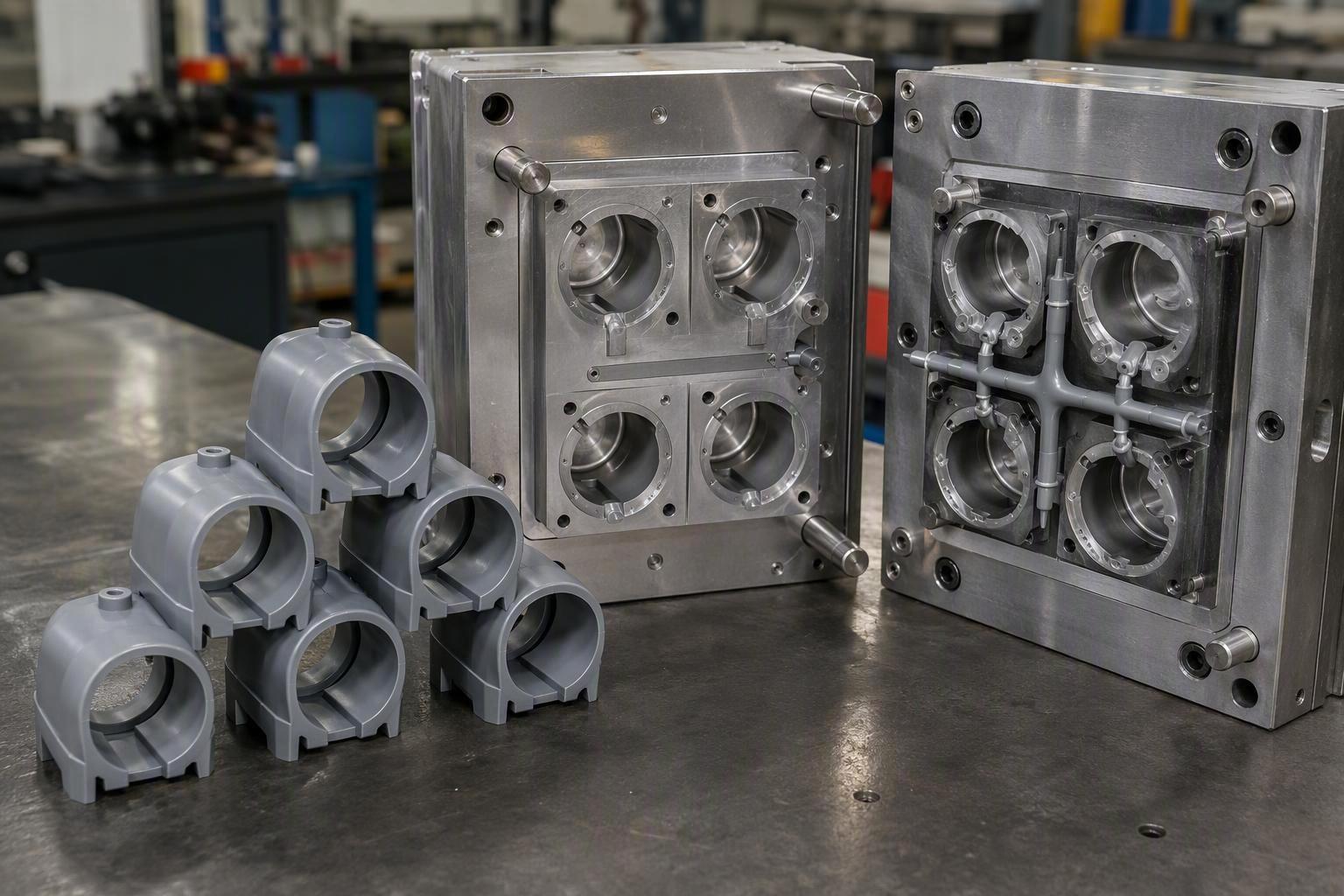 Stack of identical injection-molded plastic parts beside an open mold with visible runners and sprue in an engineering workshop
