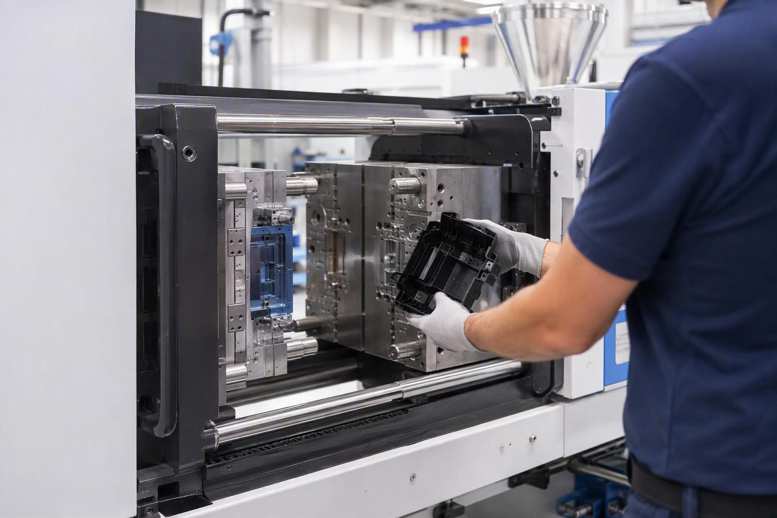 Operator removing a fresh molded plastic part from an open injection molding machine in a clean rapid-prototyping workshop